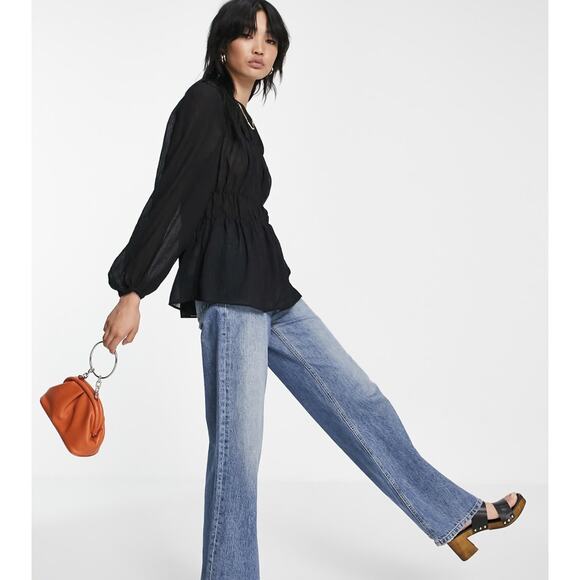 Mango MNG Black Balloon Sleeve Semi Sheer Top - Picture 2 of 8